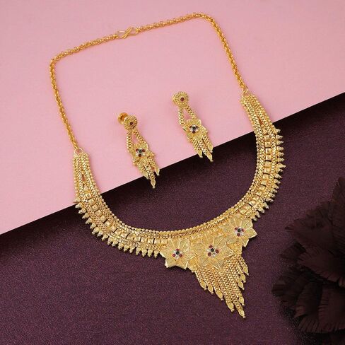 Women’s Traditional Gold Plated Necklace Set with Earrings | Indian Artificial Jewelry for Party Wear & Festive Occasions in Saudi Arabia