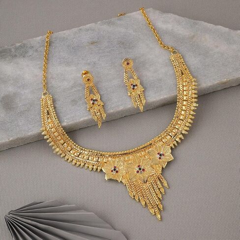 Women’s Traditional Gold Plated Necklace Set with Earrings | Indian Artificial Jewelry for Party Wear & Festive Occasions in Saudi Arabia