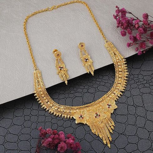 Women’s Traditional Gold Plated Necklace Set with Earrings | Indian Artificial Jewelry for Party Wear & Festive Occasions in Saudi Arabia