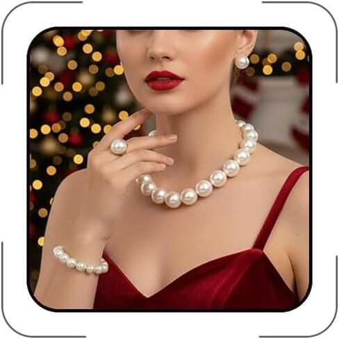 Chunky Beaded Pearl Set for Women – Large Round Chunky Choker Necklace, Stretch Bracelet, Stud Earrings & Ring – Oversized Imitation Pearl – Vintage 1920s Statement for Wedding, Prom,Party, Daily in Saudi Arabia