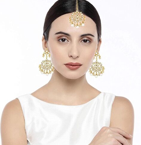 Aheli العرقية بوليوود فو كوندان أقراط مطرزة Maang Tikka مجموعة مجوهرات بهاراتاناتيام الهندية مجموعة هدية للنساء الأزرق in Kuwait
