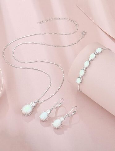 Opal Jewelry Set for Women 925 Sterling Silver Oval Cut Necklace Earrings Bracelet October Birthstone Jewelry for Her in Kuwait
