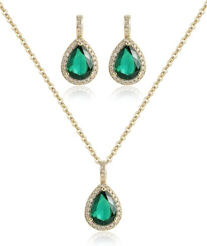 Emerald Green Jewelry Set for Women - 14K Gold Plated Teardrop Emerald Necklace and Earring Set, Beautiful Birthstone Wedding Jewelry for Gift in Kuwait