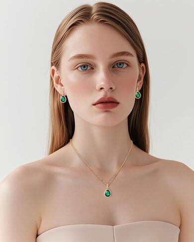Emerald Green Jewelry Set for Women - 14K Gold Plated Teardrop Emerald Necklace and Earring Set, Beautiful Birthstone Wedding Jewelry for Gift in Kuwait