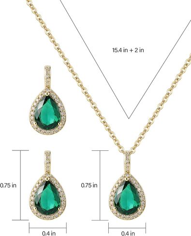 Emerald Green Jewelry Set for Women - 14K Gold Plated Teardrop Emerald Necklace and Earring Set, Beautiful Birthstone Wedding Jewelry for Gift in Kuwait