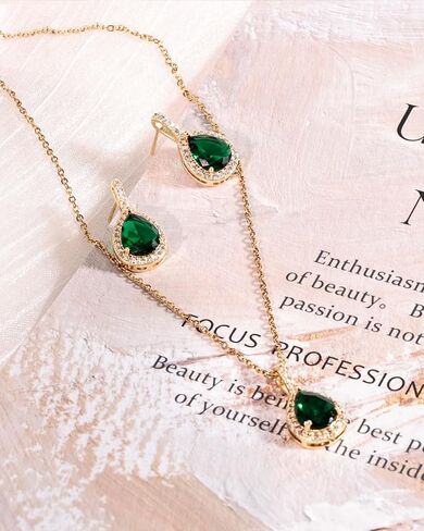 Emerald Green Jewelry Set for Women - 14K Gold Plated Teardrop Emerald Necklace and Earring Set, Beautiful Birthstone Wedding Jewelry for Gift in Kuwait