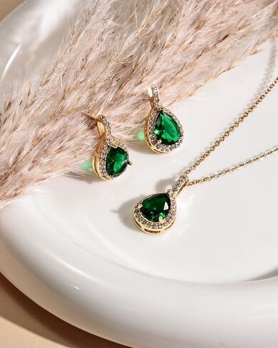 Emerald Green Jewelry Set for Women - 14K Gold Plated Teardrop Emerald Necklace and Earring Set, Beautiful Birthstone Wedding Jewelry for Gift in Kuwait