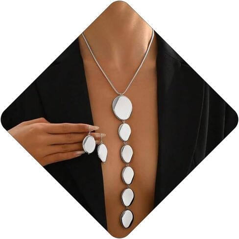 Chunky Gold Necklace Earrings Set for Women Long Ellipse Geometric Pendant Y Necklace Statement Earrings Punk Jewelry in Saudi Arabia