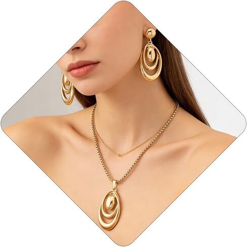 Chunky Gold Necklace Earrings Set for Women Long Ellipse Geometric Pendant Y Necklace Statement Earrings Punk Jewelry in Saudi Arabia