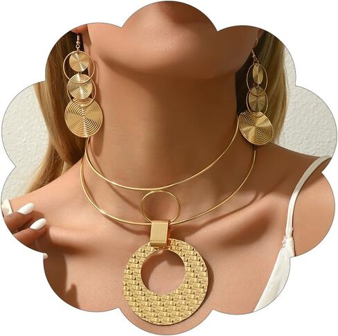 Chunky Gold Necklace Earrings Set for Women Long Ellipse Geometric Pendant Y Necklace Statement Earrings Punk Jewelry in Saudi Arabia