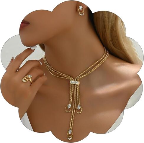 Chunky Gold Necklace Earrings Set for Women Long Ellipse Geometric Pendant Y Necklace Statement Earrings Punk Jewelry in Saudi Arabia