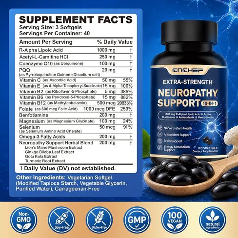 Neuropathy Support Nerve Supplement – 1000mg Advanced R-Alpha Lipoic Acid, L-Carnitine, Benfotiamine, PQQ,CoQ10,Magnesium & B-Complex for Nerve Health,Antioxidant & Cellular Energy,Vegan 120 Softgels in Saudi Arabia