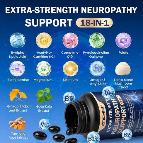 Neuropathy Support Nerve Supplement – 1000mg Advanced R-Alpha Lipoic Acid, L-Carnitine, Benfotiamine, PQQ,CoQ10,Magnesium & B-Complex for Nerve Health,Antioxidant & Cellular Energy,Vegan 120 Softgels in Saudi Arabia