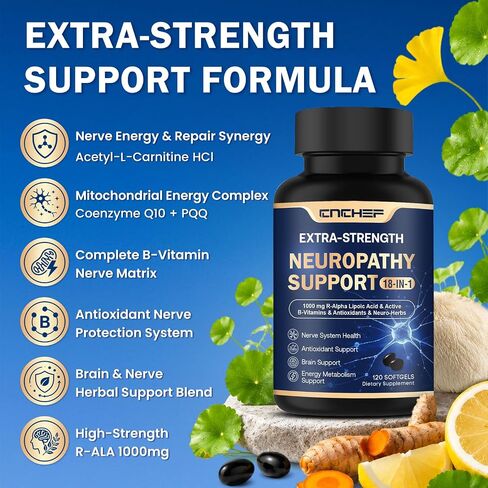 Neuropathy Support Nerve Supplement – 1000mg Advanced R-Alpha Lipoic Acid, L-Carnitine, Benfotiamine, PQQ,CoQ10,Magnesium & B-Complex for Nerve Health,Antioxidant & Cellular Energy,Vegan 120 Softgels in Saudi Arabia