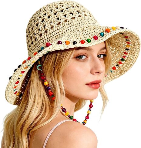 Sun Hats for Women Wide Brim Beach Hat Straw Boho Rainbow Beaded Summer Packable Foldable Bucket Hat for Travel in Kuwait