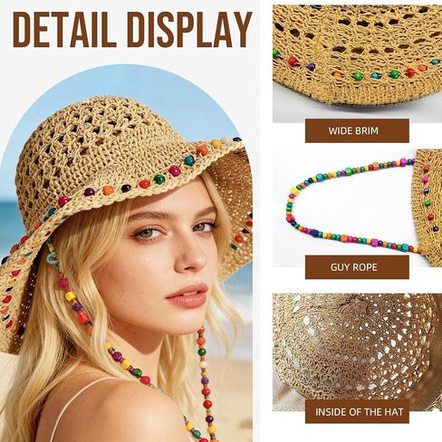Sun Hats for Women Wide Brim Beach Hat Straw Boho Rainbow Beaded Summer Packable Foldable Bucket Hat for Travel in Kuwait