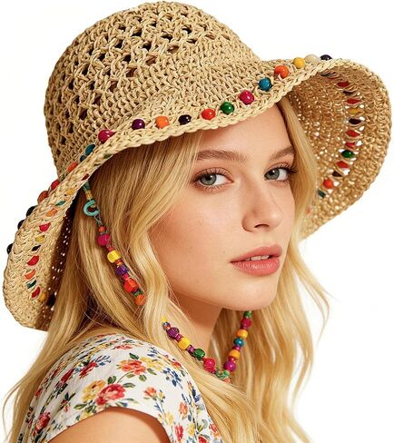 Sun Hats for Women Wide Brim Beach Hat Straw Boho Rainbow Beaded Summer Packable Foldable Bucket Hat for Travel in Kuwait