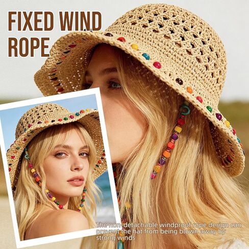 Sun Hats for Women Wide Brim Beach Hat Straw Boho Rainbow Beaded Summer Packable Foldable Bucket Hat for Travel in Kuwait