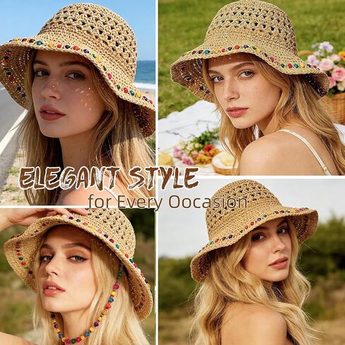 Sun Hats for Women Wide Brim Beach Hat Straw Boho Rainbow Beaded Summer Packable Foldable Bucket Hat for Travel in Kuwait
