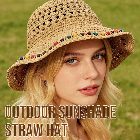 Sun Hats for Women Wide Brim Beach Hat Straw Boho Rainbow Beaded Summer Packable Foldable Bucket Hat for Travel in Kuwait
