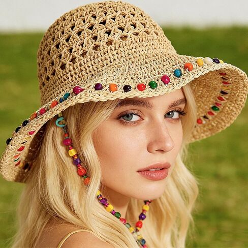 Sun Hats for Women Wide Brim Beach Hat Straw Boho Rainbow Beaded Summer Packable Foldable Bucket Hat for Travel in Kuwait