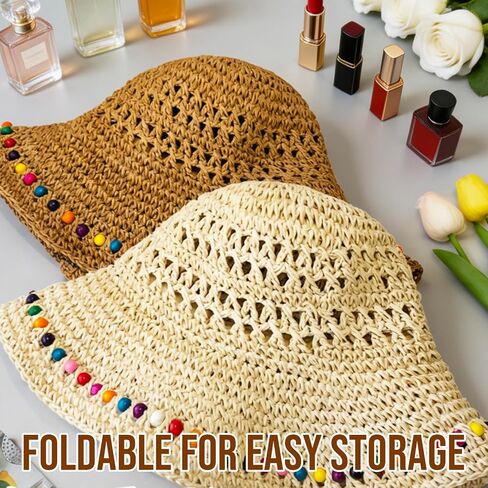 Sun Hats for Women Wide Brim Beach Hat Straw Boho Rainbow Beaded Summer Packable Foldable Bucket Hat for Travel in Kuwait