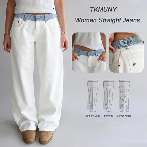 TKMUNY Women's Adjustable Waist Wide Leg Jeans Casual Mid High Waisted Baggy Straight Leg Denim Pants in Saudi Arabia