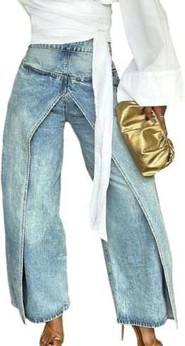 DINGANG Baggy Wide Leg Jeans for Women Y2K High Waisted Patchwork Split Hem Denim Pant in Kuwait