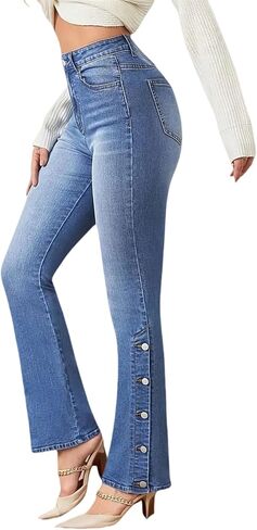 Women's Flared Jeans, High-Waist Stretch French-Style Jeans, Loose-Leg Buttoned Denim Pants, Flared Denim Jeans in Saudi Arabia