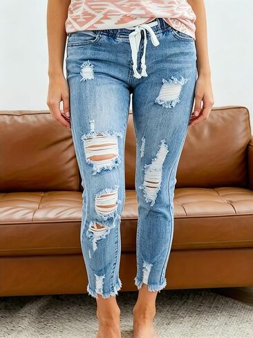 Women's Elastic Waist Distressed Skinny Jeans, Ripped Ankle Length Denim Pants with Drawstring in Kuwait