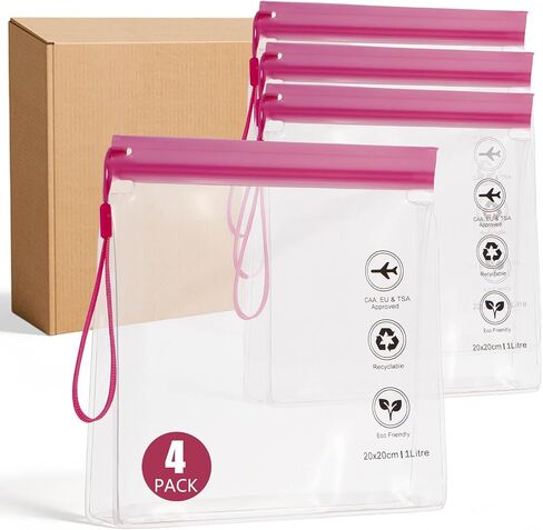Reusable Quart Size TSA-Approved Toiletry Bag with Gusseted Bottom, Clear Makeup Cosmetic Bag Organizer, 4-Pack of 16 mil Quart Size Travel Bag for Toiletries, Carry-on Travel Accessories Essentials in Saudi Arabia