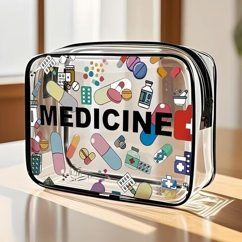 PVC Zippered Cosmetic Bag Medicine-Themed Clear Travel Makeup Pouch for Toiletries, First-Aid and Daily Storage, Black in Kuwait