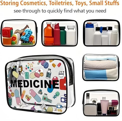 PVC Zippered Cosmetic Bag Medicine-Themed Clear Travel Makeup Pouch for Toiletries, First-Aid and Daily Storage, Black in Kuwait