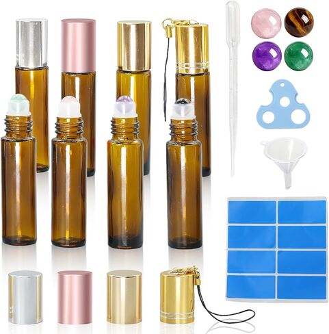 Tiger's Eye Roller Bottles for Essential Oils, 50ml Refillable Amber Glass Roll On Bottles with Natural Crystal Roller Balls, Leak-Proof Travel Perfume Bottle with Gold Caps in Saudi Arabia