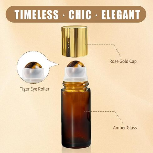 Tiger's Eye Roller Bottles for Essential Oils, 50ml Refillable Amber Glass Roll On Bottles with Natural Crystal Roller Balls, Leak-Proof Travel Perfume Bottle with Gold Caps in Saudi Arabia