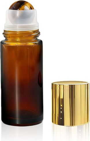 Tiger's Eye Roller Bottles for Essential Oils, 50ml Refillable Amber Glass Roll On Bottles with Natural Crystal Roller Balls, Leak-Proof Travel Perfume Bottle with Gold Caps in Saudi Arabia