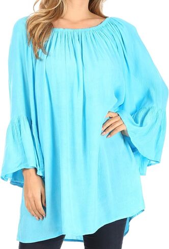 Sakkas Anna Casual Flowy Wide Neck 3/4 Sleeve Light Summer Boho Blouse Top in Kuwait