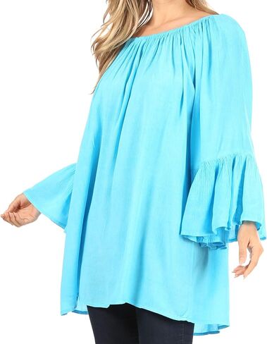 Sakkas Anna Casual Flowy Wide Neck 3/4 Sleeve Light Summer Boho Blouse Top in Kuwait