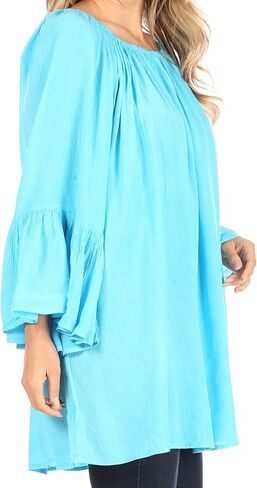 Sakkas Anna Casual Flowy Wide Neck 3/4 Sleeve Light Summer Boho Blouse Top in Kuwait