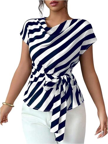 OYOANGLE Women's Striped Tie Front Blouse Elegant Drape Cowl Neck Dolman Sleeve Shirt in Saudi Arabia