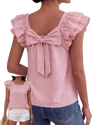 Women Bow Tie Back Top Square Neck Ruffle Flutter Sleeve Shirt 2026 Summer Cute Casual Trendy Vacation Blouse Shirt in Kuwait