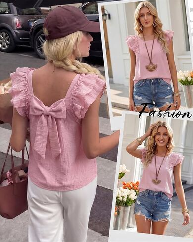 Women Bow Tie Back Top Square Neck Ruffle Flutter Sleeve Shirt 2026 Summer Cute Casual Trendy Vacation Blouse Shirt in Kuwait