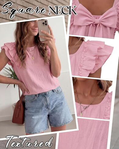 Women Bow Tie Back Top Square Neck Ruffle Flutter Sleeve Shirt 2026 Summer Cute Casual Trendy Vacation Blouse Shirt in Kuwait