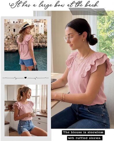 Women Bow Tie Back Top Square Neck Ruffle Flutter Sleeve Shirt 2026 Summer Cute Casual Trendy Vacation Blouse Shirt in Kuwait