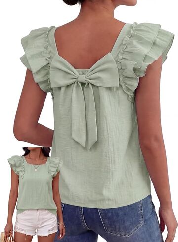 Women Bow Tie Back Top Square Neck Ruffle Flutter Sleeve Shirt 2026 Summer Cute Casual Trendy Vacation Blouse Shirt in Kuwait