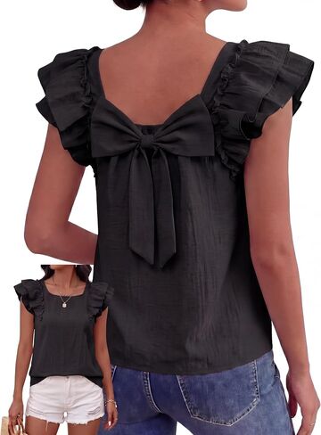 Women Bow Tie Back Top Square Neck Ruffle Flutter Sleeve Shirt 2026 Summer Cute Casual Trendy Vacation Blouse Shirt in Kuwait