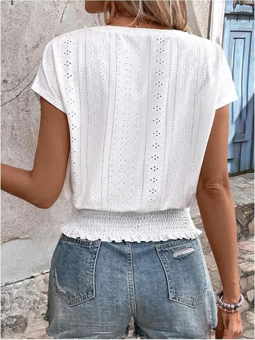 Milumia Women's Boho Eyelet Embroidered Blouse Cap Short Sleeve Smocked Waist Summer Tops White X-Large in Kuwait