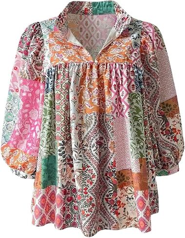 SOLY HUX Women's Plus Size Floral Babydoll Tops Collared V Neck Lantern 3/4 Sleeve Flowy Boho Vacation Blouse in Kuwait