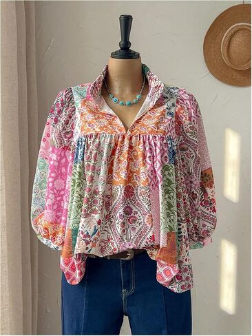 SOLY HUX Women's Plus Size Floral Babydoll Tops Collared V Neck Lantern 3/4 Sleeve Flowy Boho Vacation Blouse in Kuwait