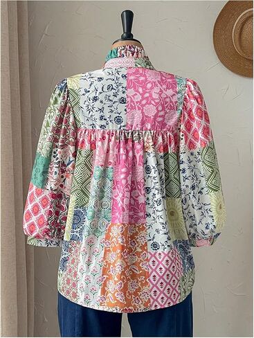 SOLY HUX Women's Plus Size Floral Babydoll Tops Collared V Neck Lantern 3/4 Sleeve Flowy Boho Vacation Blouse in Kuwait